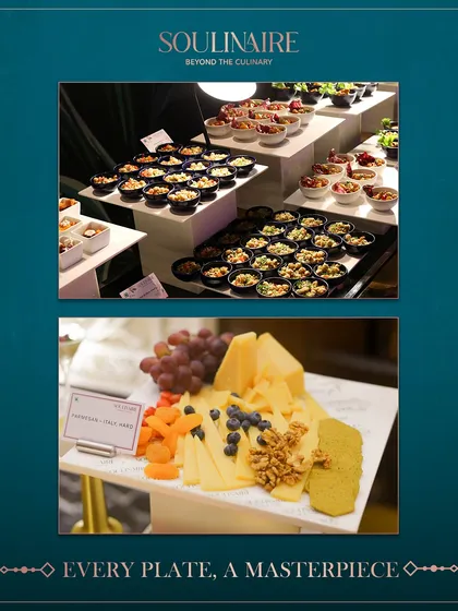 A collage where every plate is a masterpiece, featuring a salad bar and an artisanal cheese and fruit platter. We curate every detail to captivate and delight.