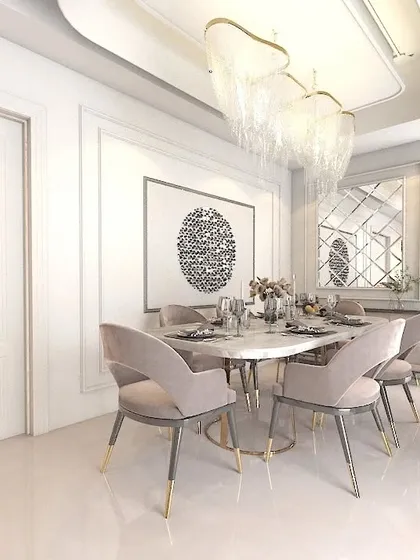 This 3D concept for a dining room features a marble-top table, plush velvet chairs, and a cascading crystal chandelier. The design is all about creating a sophisticated and memorable dining experience.