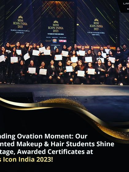 The full team of our talented students on the Miss Icon India 2023 stage, holding their certificates. This image captures the scale of the opportunities and the size of our talented community.
