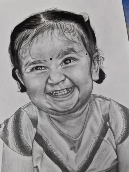 A slightly different perspective of the same happy sketch. Capturing pure joy like this is what makes drawing portraits so rewarding for me. Radhe Radhe.