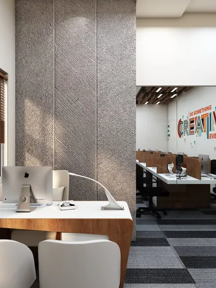A 3D render showing a view from a private office into the main workspace. This helps clients understand the sightlines and the level of privacy or connection between different areas.