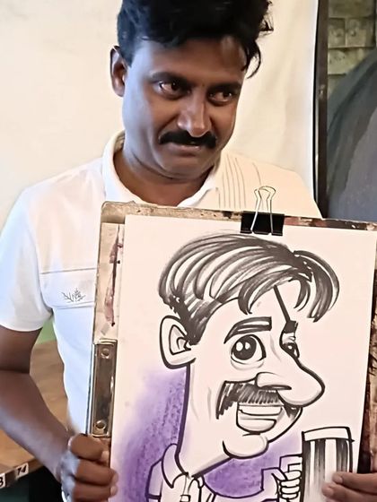 A guest enjoying a beer, a detail I included in his caricature.