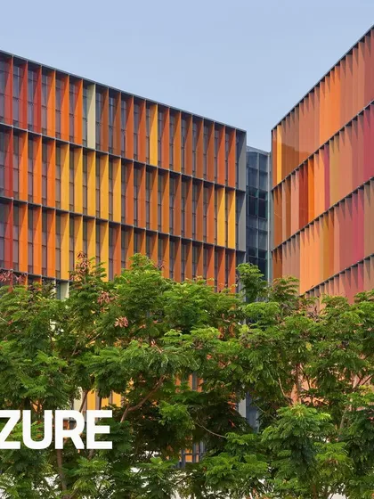 Our Infosys Campus in Nagpur was featured in Azure Magazine, which highlighted the project's striking and colourful array of energy-saving solar fins. This image shows how the fins create a visual rhythm across the building's exterior.