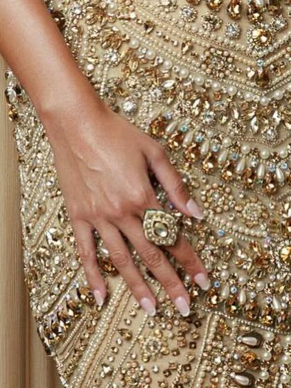 A close-up of the elegant nails I created for Ananya Panday, paired with a heavily embellished Manish Malhotra gown. The design is understated, ensuring it complements the intricate beadwork of the dress.