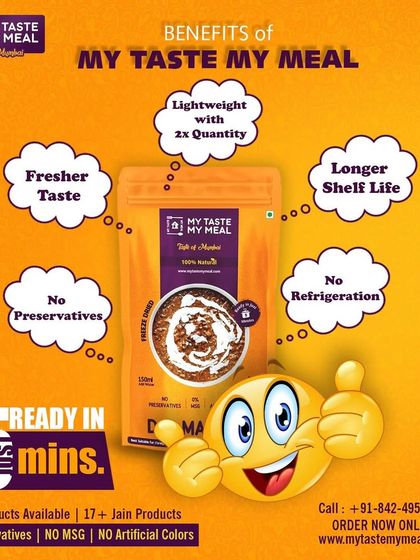 Here are the main benefits of my ready-to-eat meals. They have a fresher taste, longer shelf life, require no refrigeration, and are free from preservatives, all while being lightweight.