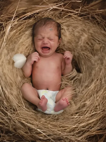 Even a crying moment can be a precious memory. We capture the real, unposed emotions of newborn life, here in our rustic nest prop.