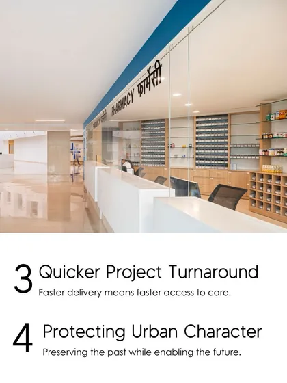 Adaptive reuse enables quicker project turnaround, meaning faster access to care for the community. This pharmacy area, part of a repurposed building, also helps in protecting the urban character of the neighborhood.