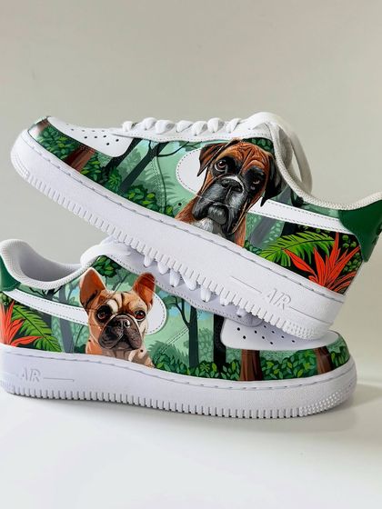 A dynamic shot of the pet portrait AF1s. These are more than just shoes; they are a wearable tribute to beloved members of the family.
