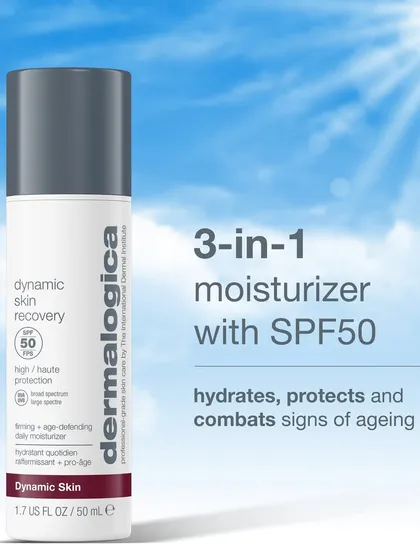 Sunscreen is a non-negotiable step in any skincare routine. We recommend Dermalogica’s Dynamic Skin Recovery with SPF50, a 3-in-1 moisturizer that hydrates, protects from UV rays, and combats signs of aging.
