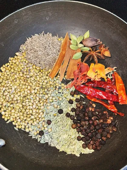 The whole spices we use for our South Indian dishes, ready to be roasted and ground. Using fresh, high-quality spices is key to the authentic flavours in our food.
