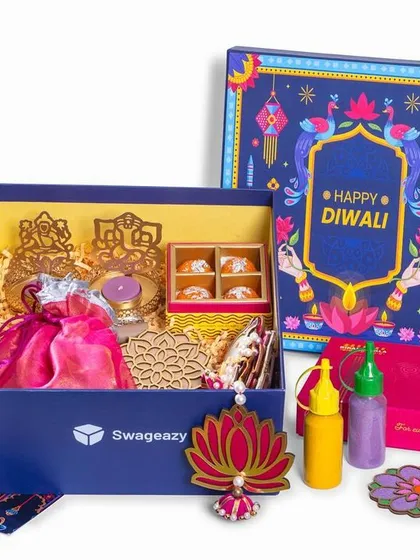 A clean, product-on-white shot of a Swageasy Diwali hamper. This image clearly shows the gift box and its contents, perfect for e-commerce product pages.