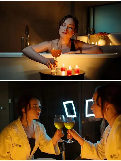A two-panel image from a cinematic bathroom shoot. The top panel shows a contemplative moment, while the bottom captures an interaction, adding narrative depth.