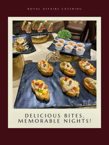 Delicious bites lead to memorable nights. This spread of appetizers, including cheesy bruschetta and other savory treats, is designed to keep your guests happy and satisfied throughout your event.