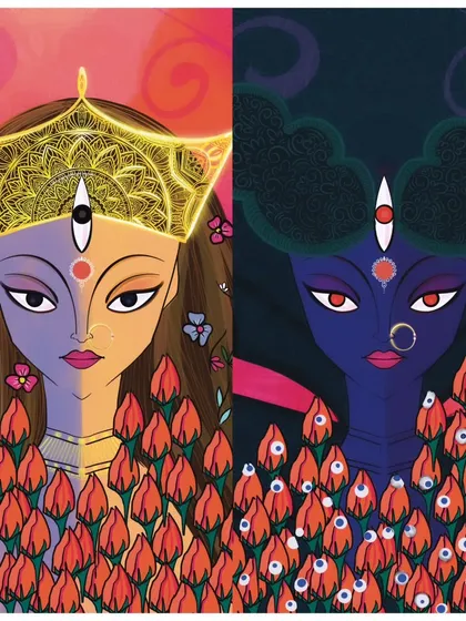 A powerful digital illustration depicting the duality of Goddess Durga and Kali, showcasing my ability to create narrative art rooted in mythology.