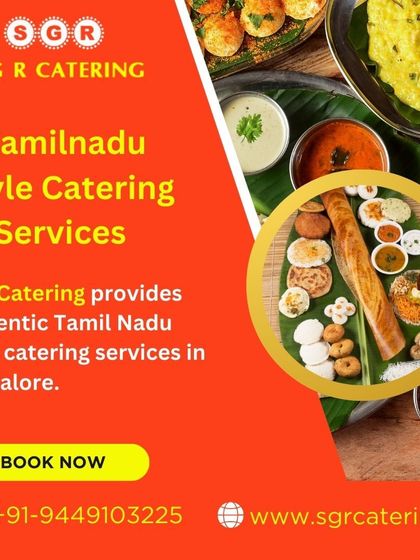 We provide authentic Tamil Nadu style catering services in Bangalore. This collage features classic tiffin items like idli and dosa, as well as full meals, showcasing the breadth of our menu.