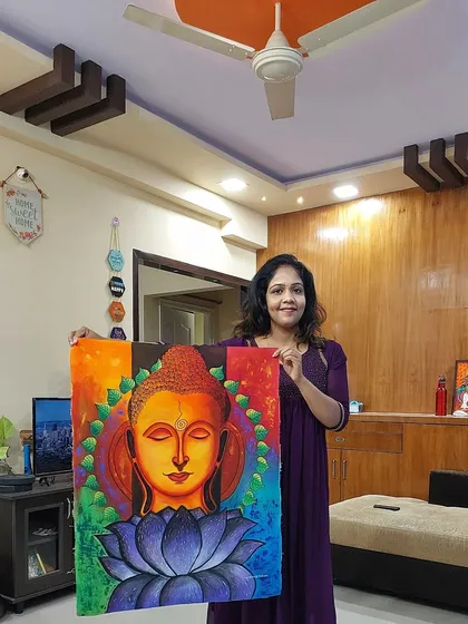 This is me with a custom Buddha painting, ready to bring peace and positivity to its new home. It shows the scale of my work and the joy I feel creating art that connects with you on a spiritual level.
