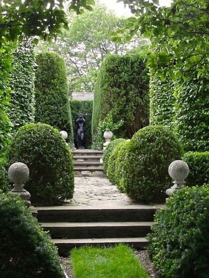 A classic formal garden path with stone steps leading up to a statue. The path is flanked by sculptural Buxus hedges and taller shaped shrubs, creating a dramatic and layered effect.