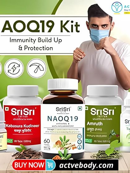 This is the complete NAOQ19 Kit for immunity build-up and protection. It showcases a powerful combination of Sri Sri Tattva products including NAOQ19, Shakti Drops, Tulasi Arka, Amruth, and Kabasura Kudineer for comprehensive wellness.