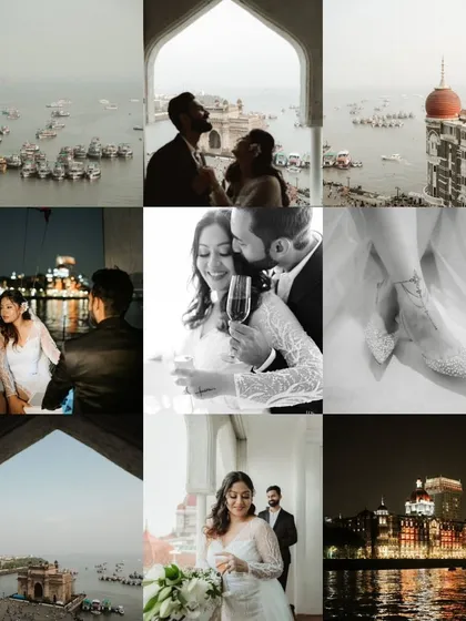 A grid of images from a pre-wedding shoot around the Taj Mahal Palace area. It showcases different moments and moods, from day to night, capturing the romance of this iconic Mumbai location.