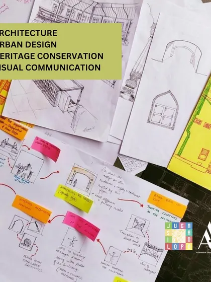 The process of architectural education involves translating ideas into visual form. This flat lay shows a collection of student work, including architectural sketches, urban design maps, and visual communication storyboards from one of our programs.