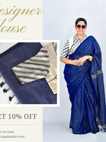 Another look at our 10% off offer on this designer blue saree and modern printed blouse. A perfect fusion of fashion and tradition.