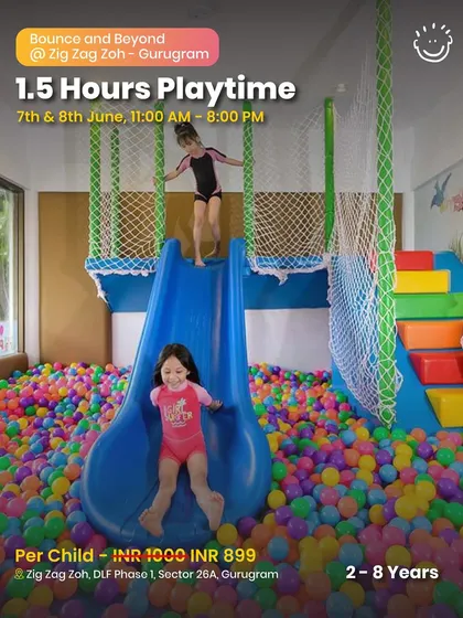 Bounce and Beyond at Zig Zag Zoh! This poster offers 1.5 hours of playtime in their amazing play area with a massive ball pit and slides, perfect for kids aged 2-8.