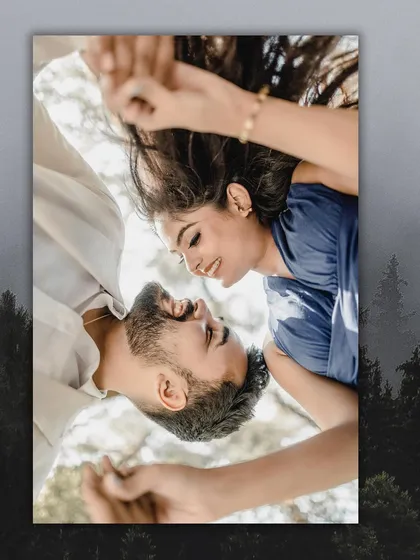 A creative upside-down portrait of the couple, full of joy and intimacy. This unique perspective makes for a memorable and playful pre-wedding photograph.