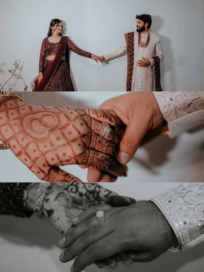 A collage that tells the story of their union through their hands. It shows the couple holding hands and close-ups of their intertwined fingers.