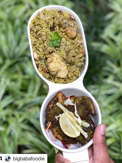 The perfect pairing: my Thuppangadi Biriyani served alongside the spicy Torpedo Chilli Kebab. The rich, ghee-infused biriyani complements the fiery kick of the kebab, creating a balanced and unforgettable meal.