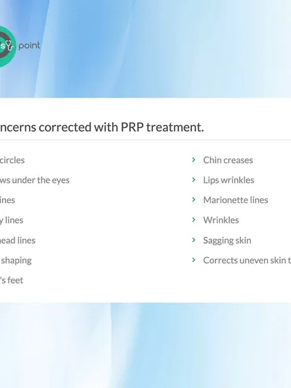 An informational graphic listing the various skin concerns that can be corrected with PRP treatment, including dark circles, fine lines, wrinkles, and sagging skin.