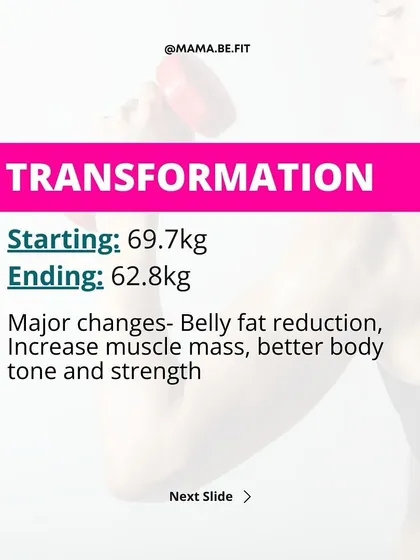 The numbers behind the transformation: from 69.7kg to 62.8kg. The major changes include belly fat reduction, increased muscle mass, and better overall body tone and strength.