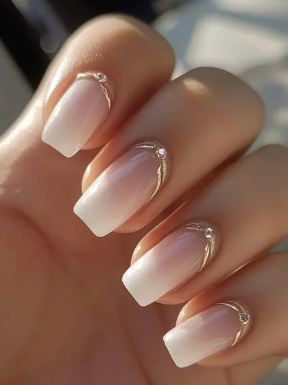 A beautiful example of a refined look. This is a classic baby boomer or ombre nail, elevated with a delicate gold cuff and a single rhinestone for a touch of class.