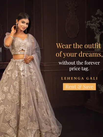 Wear the outfit of your dreams, without the forever price tag. This beautiful beige lehenga with leaf-patterned embroidery is an elegant and subtle choice.