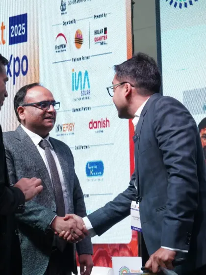 Networking with industry peers after the panel discussion at the Bharat Solar Expo. Building strong relationships with other leaders is key to driving the solar industry forward.