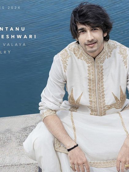 Actor Shantanu Maheshwari at the Cannes Film Festival, styled with our Chevron Petite Ring and Azra Double-Motif Ring. This shows how rings can be a subtle yet powerful accessory for men.