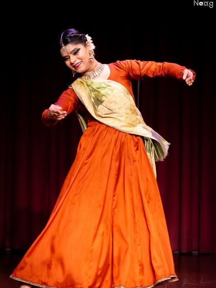 This is a 'Nirtat Dhang' pose from my performance at Triveni Kala Sangam. It showcases the pure dance or 'nritta' aspect of Kathak, focusing on rhythm and form.