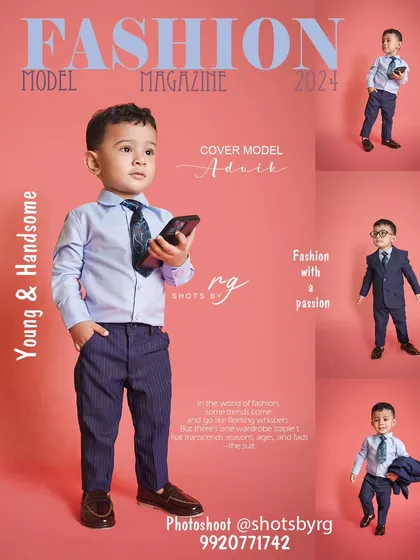 A future fashion model. This collage shows a two-year-old boy looking sharp in a suit for his milestone photoshoot at home.