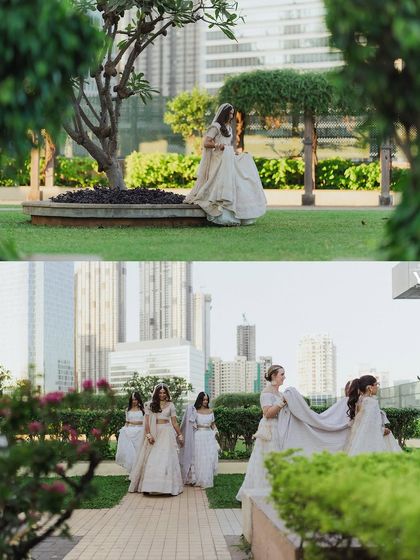 A collage showing the bride with her bridesmaids and her emotional first look with her groom. These images beautifully capture the themes of friendship and love.