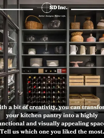 A sophisticated pantry unit with dark cabinetry, glass doors, and a built-in wine rack. This design shows how a pantry can be both a highly functional storage area and a visually appealing feature of your home.