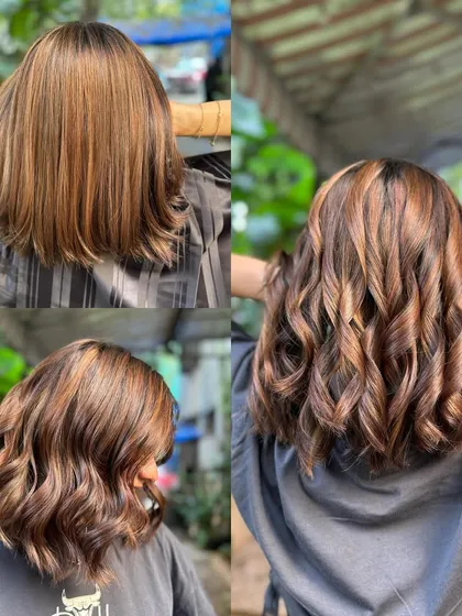 This collage shows the journey to a stunning crème caramel bob. We did a major chop and added these warm, sweet tones using a non-bleach formula, resulting in a chic and healthy new look.