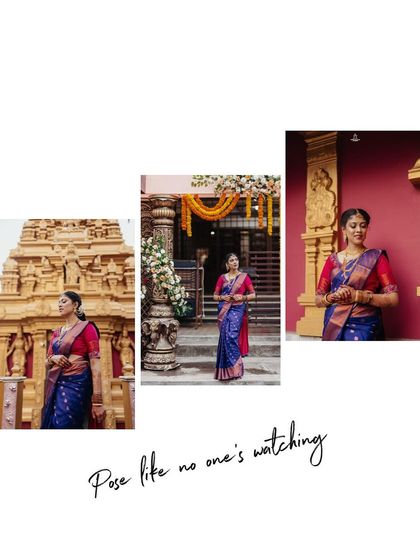 A collage of a bride's portraits against a temple backdrop, with a creative "Pose like no one's watching" graphic.