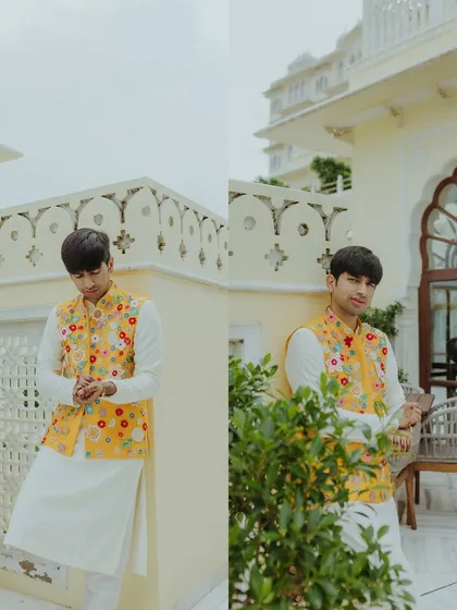 A diptych of the groom in his embroidered yellow jacket, looking sharp and ready for the Haldi festivities.