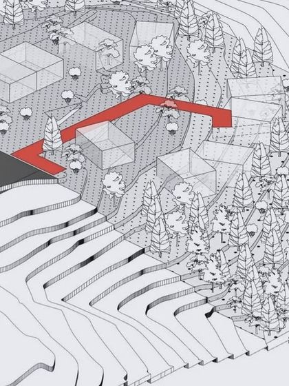 A process diagram showing how we identified a primary path through the contoured site, which then became the spine along which all the building modules were arranged.