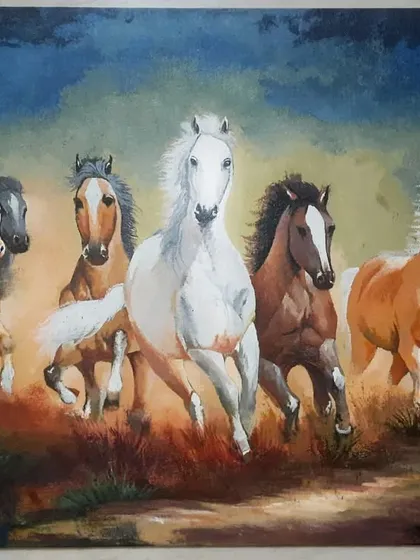 This is a 1.5x2 feet acrylic painting of seven running horses, a popular theme in Vastu Shastra believed to bring success and power. I create such Vastu-inspired art for homes, tailored to bring positive energy and match your interior.