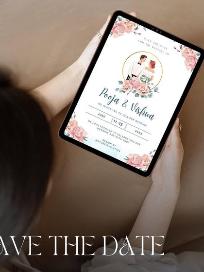 A modern and chic Save the Date presented on a tablet. The design features a clean layout with a beautiful watercolor illustration of the couple, framed by romantic pink roses.