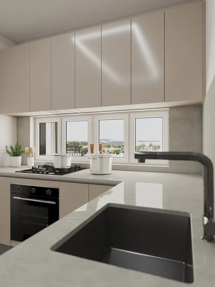 A closer view of the L-shaped kitchen render, focusing on the cooking and sink area. This level of detail in the design phase ensures every element is perfectly planned.