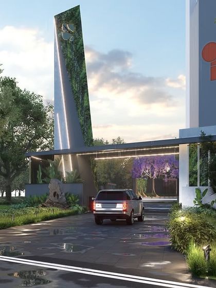 The gateway for 'Suyug The 1' features twin towers with a dramatic, angled porte-cochère. My landscape design complements this modern architecture with lush, layered greenery and a wet-look driveway, seamlessly blending the built form with the natural environment.