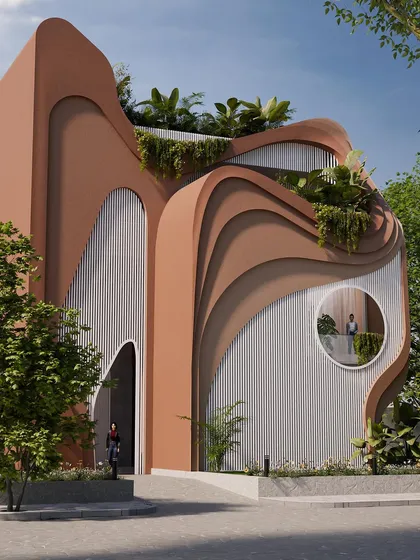The sculptural form of the "Water & Wind" residence is designed to blend with its natural surroundings, with greenery spilling from the curved balconies.
