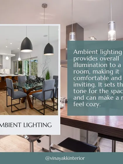 Ambient lighting provides the overall illumination in a room, setting the general mood. It can be achieved through ceiling fixtures, chandeliers, or cove lighting.