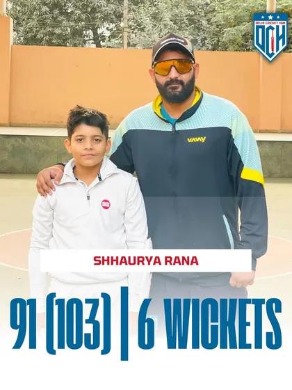 A graphic celebrating the great all-round performance by our talented young player, Shaurya Rana, who scored 91 runs and took 6 wickets.